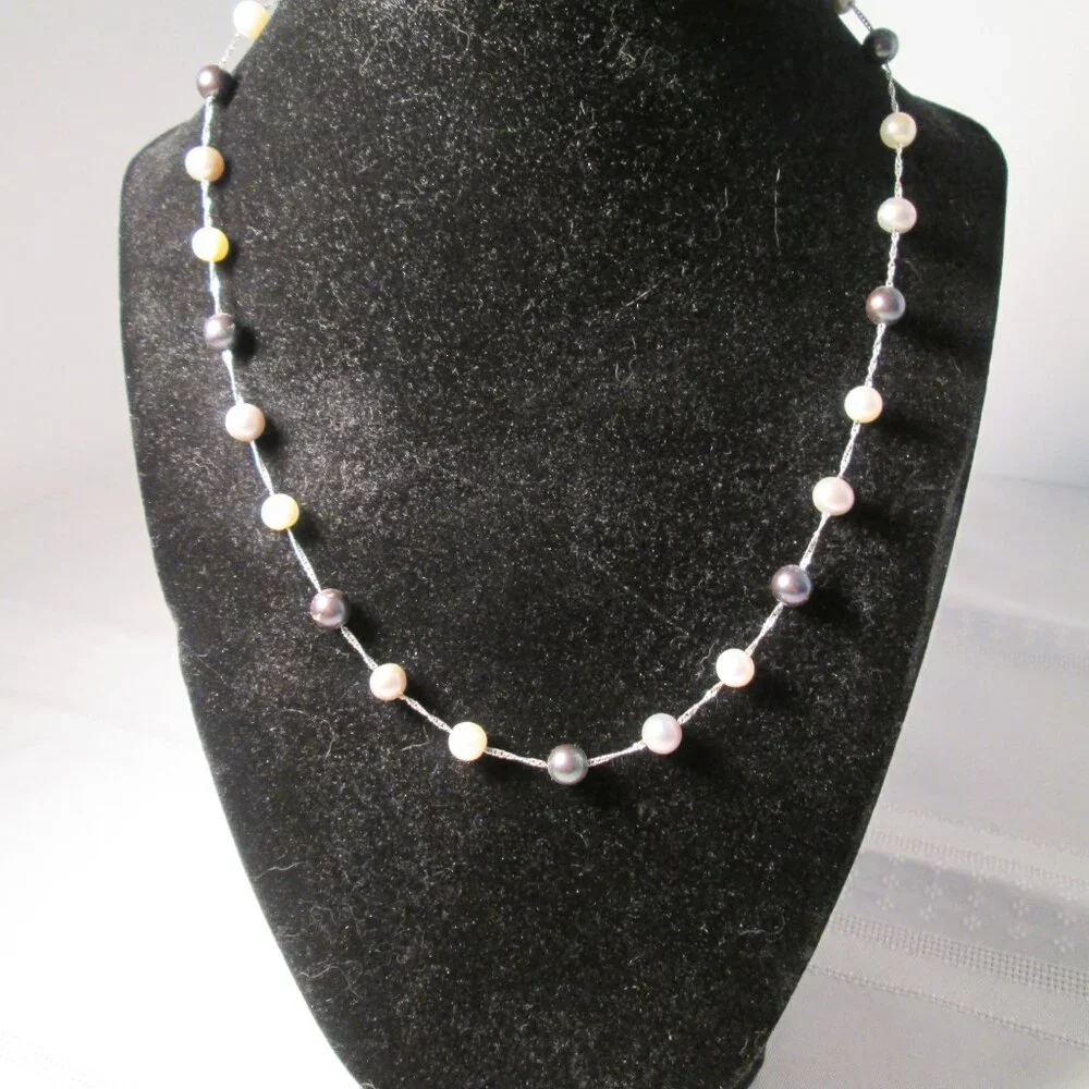 Elegant 14K White Gold Necklace with Multicolored Cultured Pearls – 16” - Picture 2 of 7